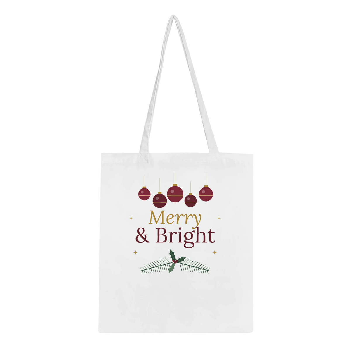 Merry and Bright Christmas tote bag in burgundy and gold