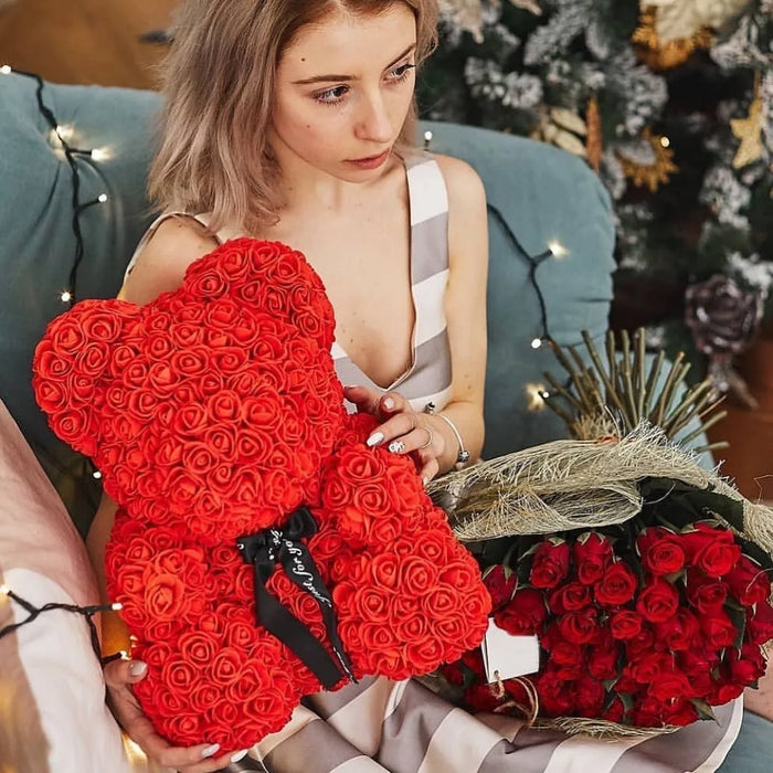 Rose Teddy Bear 40cm – Large Artificial Rose Bear for Valentine's, Anniversary & Birthday