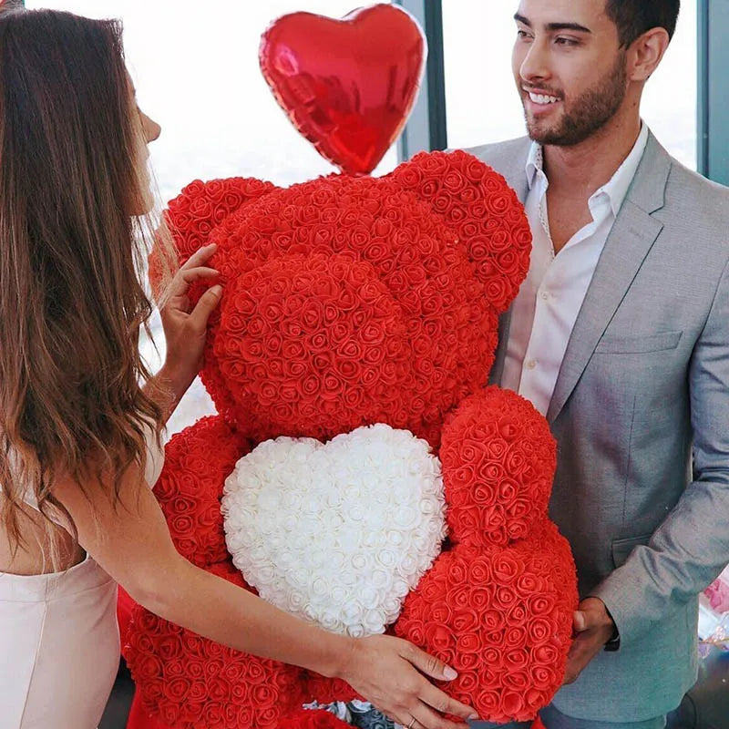 Rose Teddy Bear 40cm – Large Artificial Rose Bear for Valentine's, Anniversary & Birthday