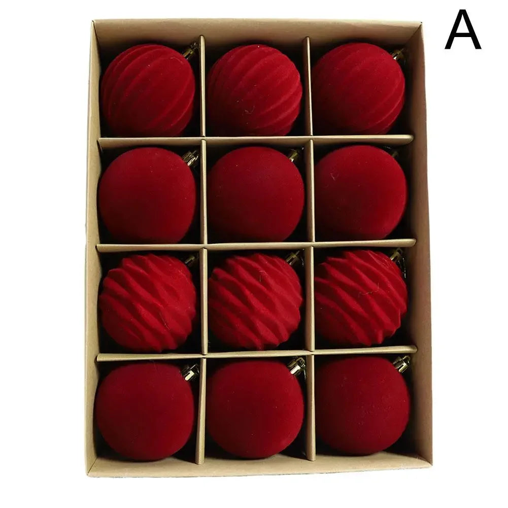 Velvet Christmas Baubles – Set of 12 Flocked 6cm Tree Decorations in Red or Green