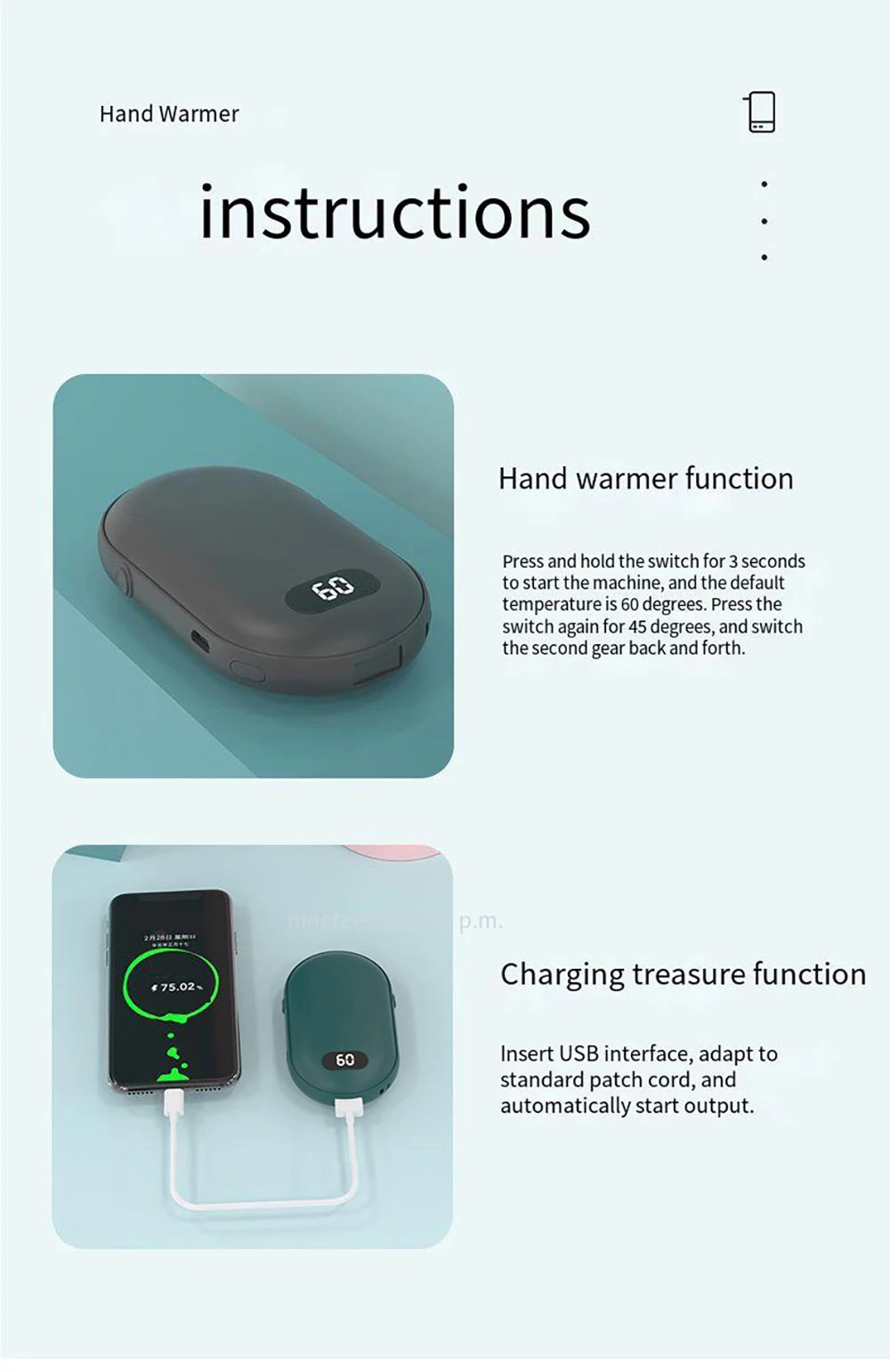Rechargeable Hand Warmer – Double-Sided Heat, 2 Temperature Settings