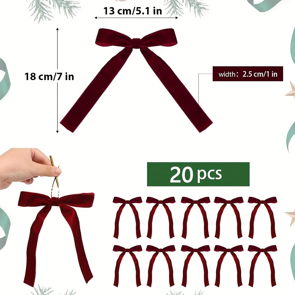 Burgundy Velvet Christmas Tree Bows – Set of 20 Ready-Tied Ribbon Bows