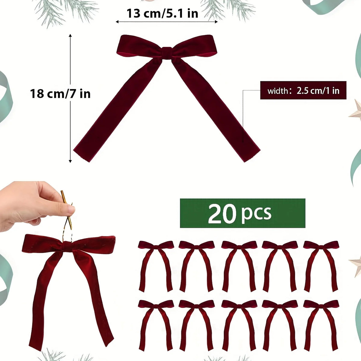 Burgundy Velvet Christmas Tree Bows – Set of 20 Ready-Tied Ribbon Bows