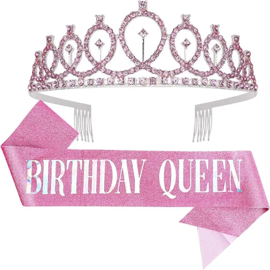 Birthday Queen Sash & Crystal Tiara Set – Birthday Girl Party Accessories for Any Age
