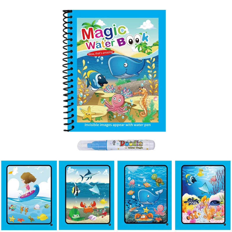 Magic Water Colouring Book with Pen – Reusable Mess-Free Kids Painting Book
