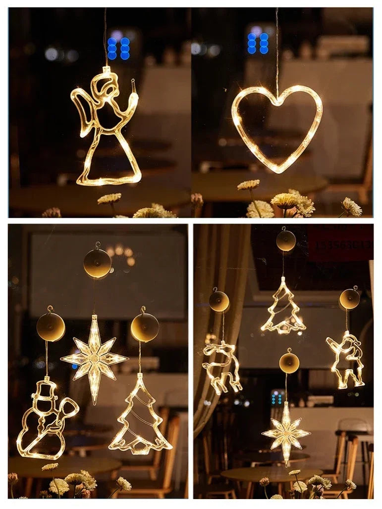Battery LED Christmas Window Lights – Hanging Santa, Snowflake & Star Light Decorations