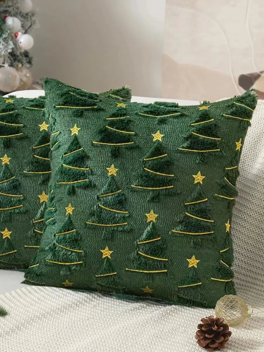 Plush Christmas Tree Cushion Cover with Gold Stars – 45 x 45 cm