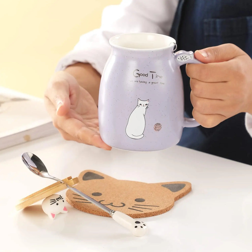 Cute Cat Mug with Lid & Spoon – Ceramic, 16oz