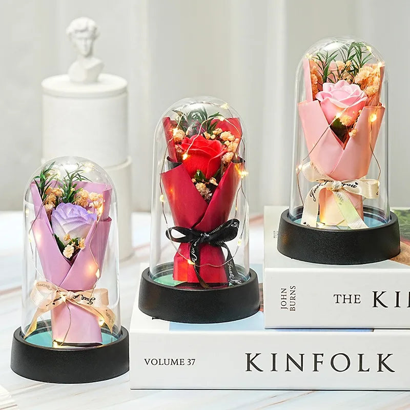 Forever Rose Bouquet in Glass Dome with LED Lights – Romantic Light-Up Keepsake Gift
