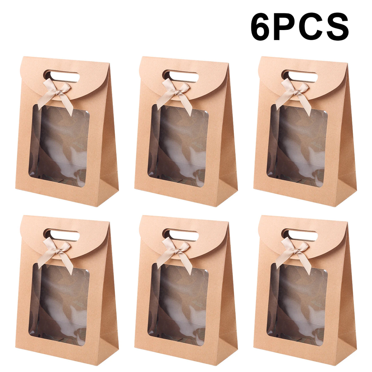 Kraft Paper Gift Bags with Window – Reusable Treat & Present Bags (6 or 12 Pack)