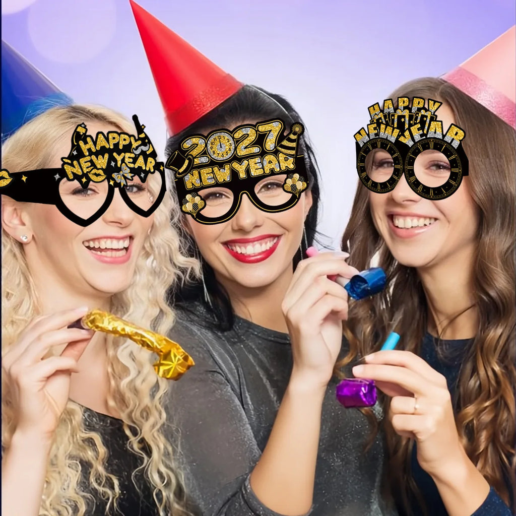 2027 Happy New Year Party Glasses – Black & Gold NYE Photo Prop Glasses
