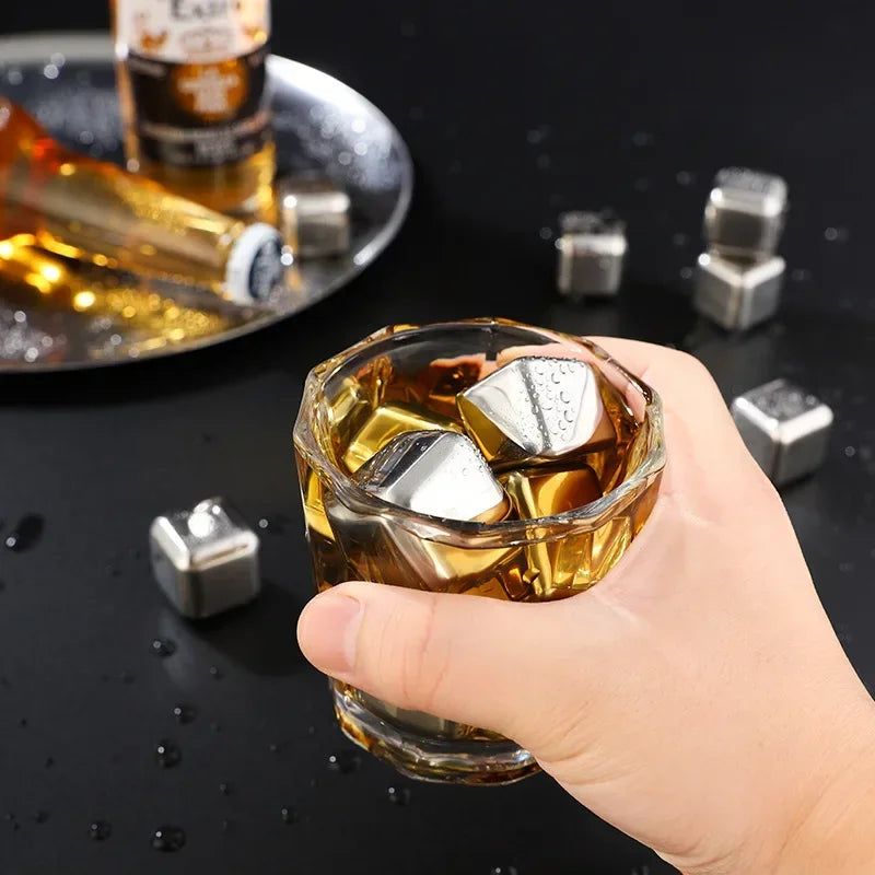 Stainless Steel Whisky Stones with Tongs – Reusable Ice Cubes (4, 6 or 8)