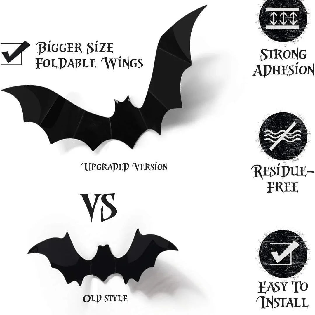 3D Halloween Bat Wall Stickers – Black Flying Bat Decorations for Walls, Windows & Parties (12, 60 or 120 Pack)