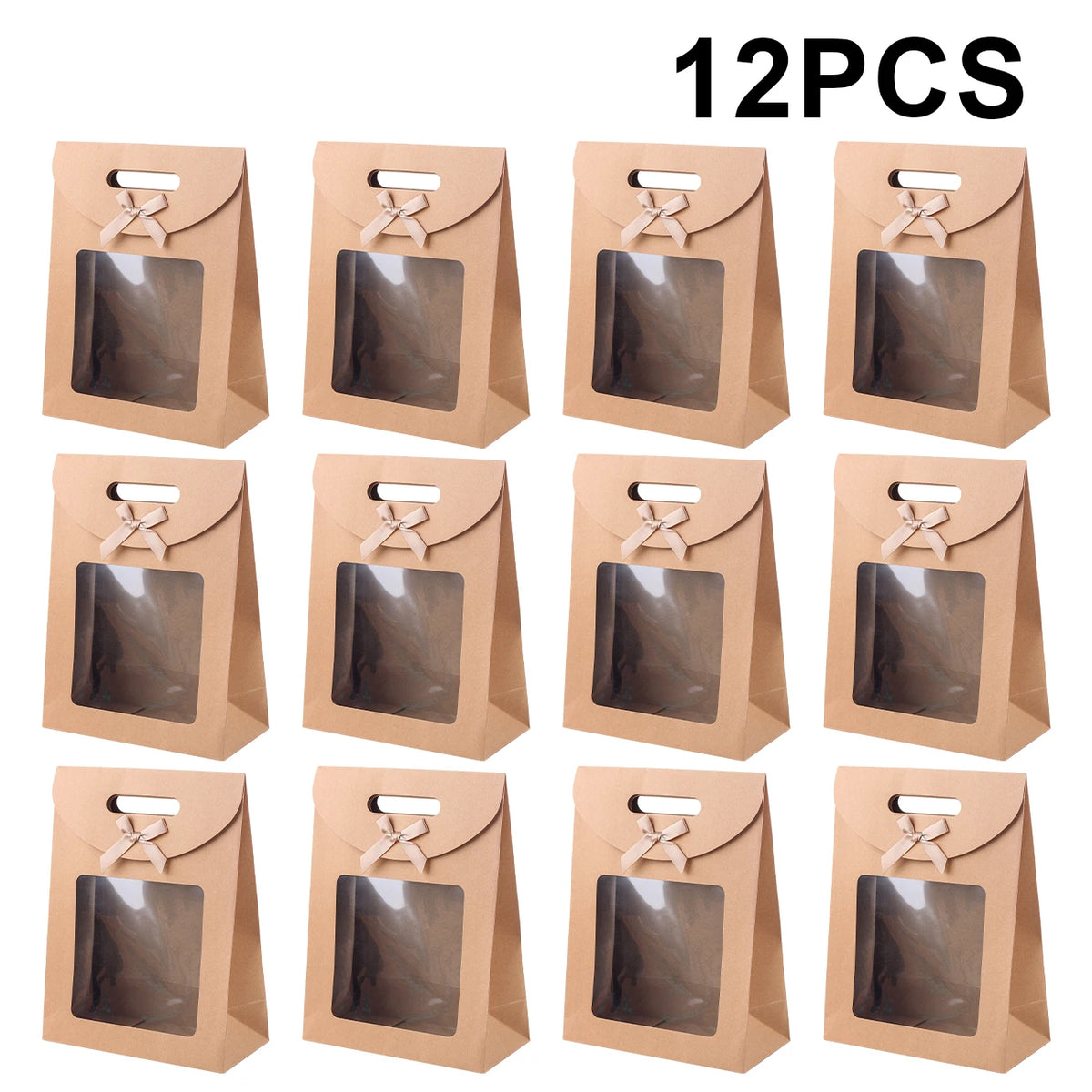Kraft Paper Gift Bags with Window – Reusable Treat & Present Bags (6 or 12 Pack)