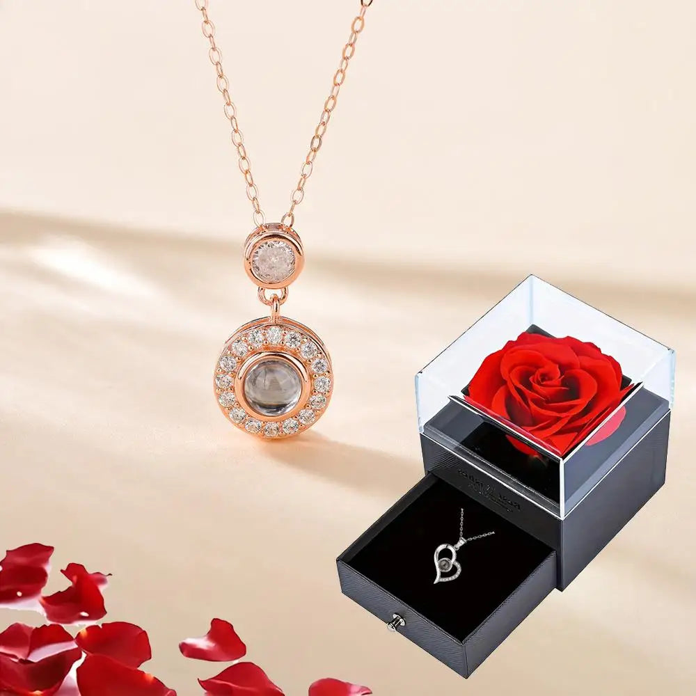 'I Love You' in 100 Languages Projection Necklace with Rose Gift Box