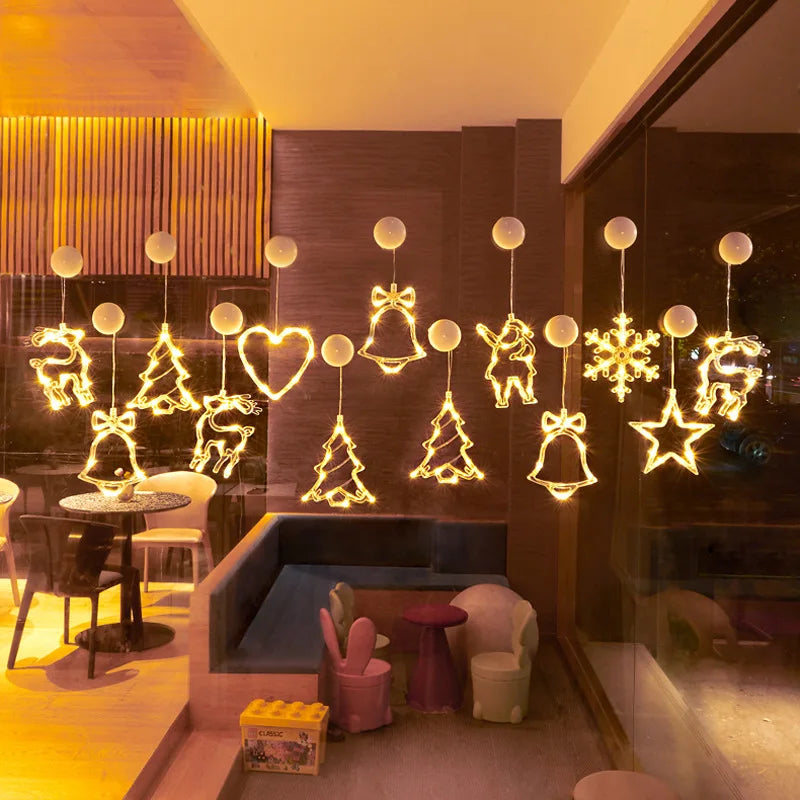 Battery LED Christmas Window Lights – Hanging Santa, Snowflake & Star Light Decorations