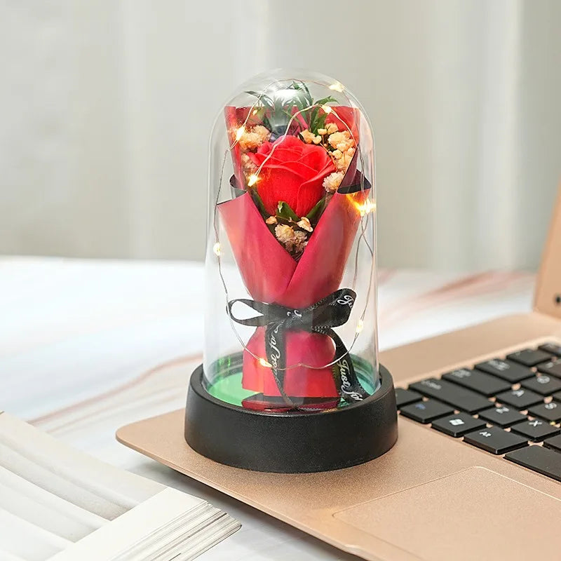 Forever Rose Bouquet in Glass Dome with LED Lights – Romantic Light-Up Keepsake Gift