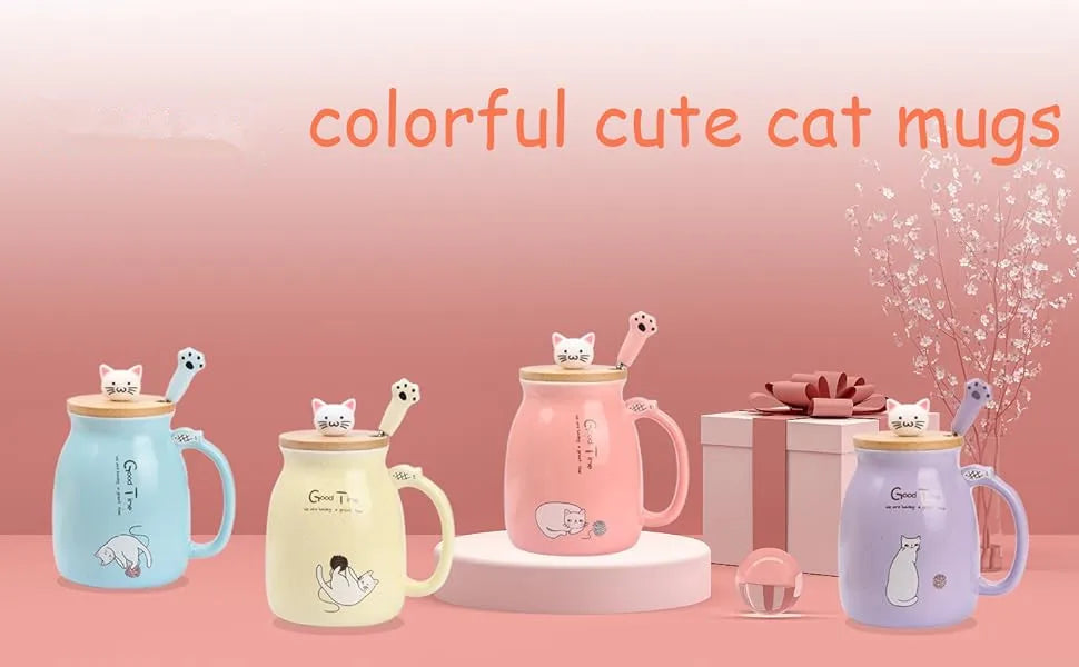 Cute Cat Mug with Lid & Spoon – Ceramic, 16oz