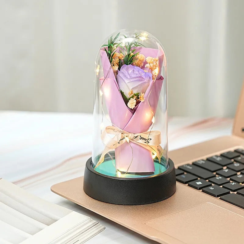 Forever Rose Bouquet in Glass Dome with LED Lights – Romantic Light-Up Keepsake Gift