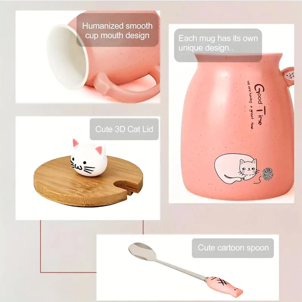 Cute Cat Mug with Lid & Spoon – Ceramic, 16oz