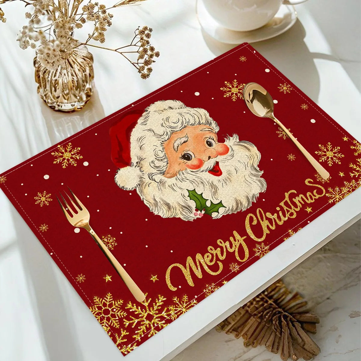 Linen Christmas Placemats – Santa & Festive Print Table Mats (1 or 4 Pack)