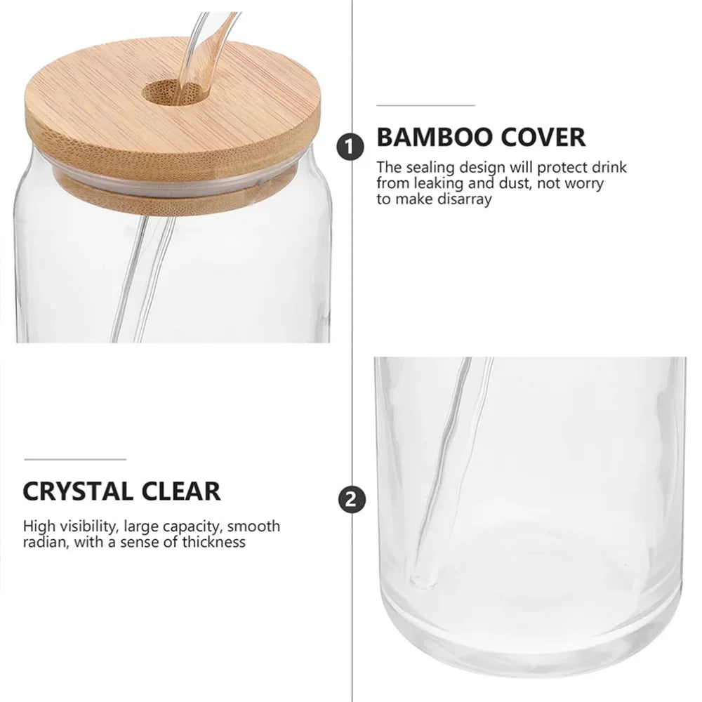 Can-Shaped Glass with Bamboo Lid & Straw – 350 ml or 550 ml Iced Coffee Glass