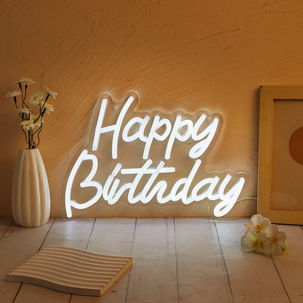 'Happy Birthday' LED Neon Sign – Reusable USB Light-Up Birthday Party Backdrop Sign