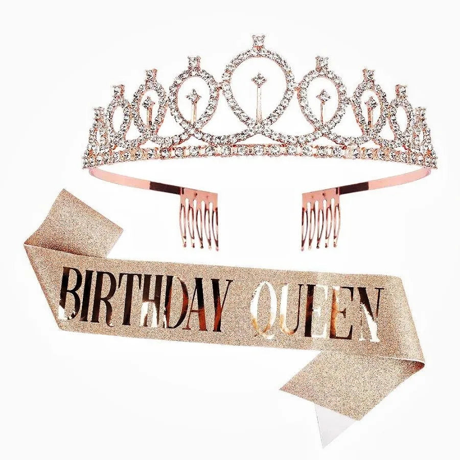 Birthday Queen Sash & Crystal Tiara Set – Birthday Girl Party Accessories for Any Age