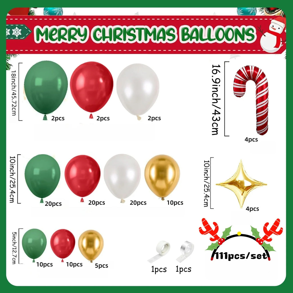 Christmas Balloon Garland Arch Kit – 111 Red, Green, Pearl White & Gold Balloons with Star & Candy Cane Foils