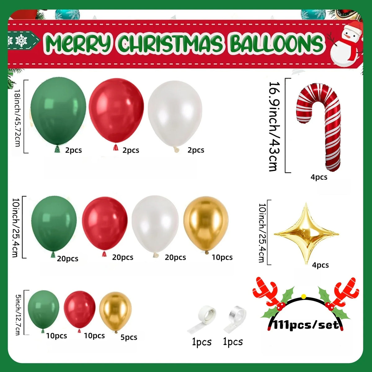 Christmas Balloon Garland Arch Kit – 111 Red, Green, Pearl White & Gold Balloons with Star & Candy Cane Foils