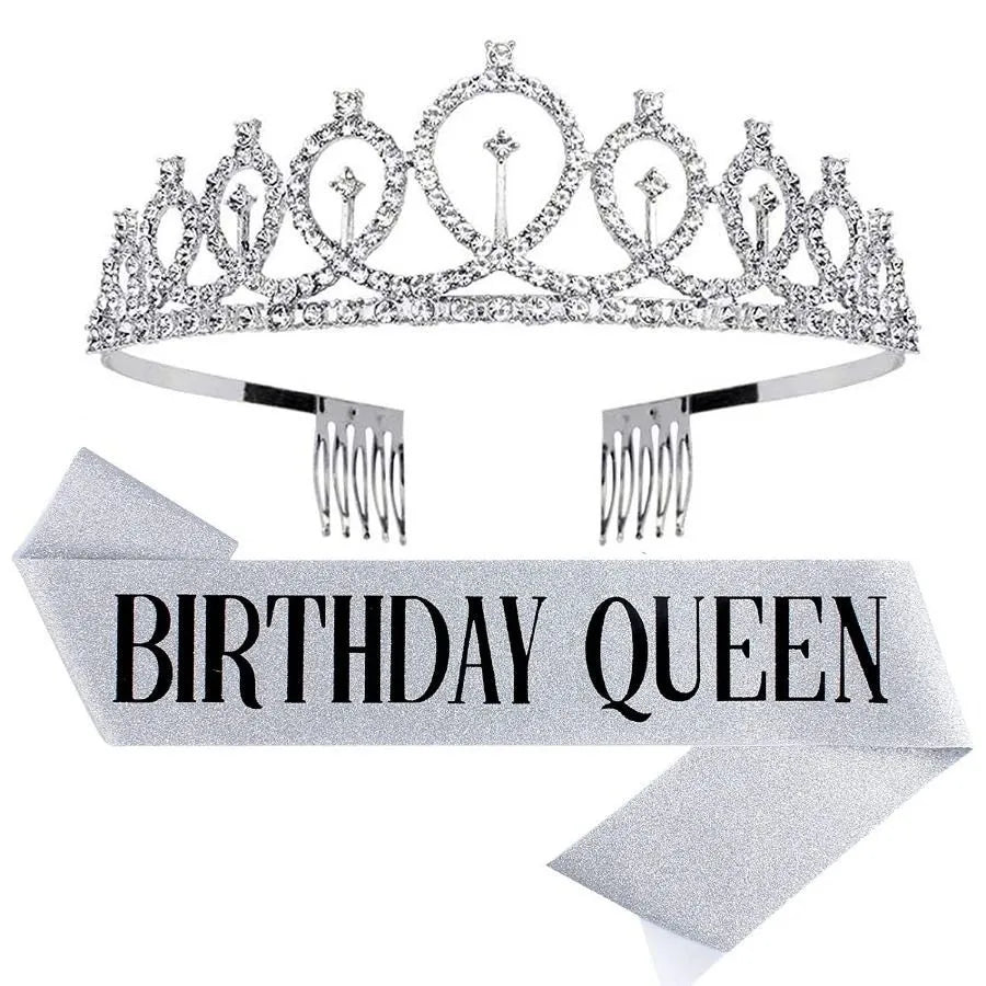 Birthday Queen Sash & Crystal Tiara Set – Birthday Girl Party Accessories for Any Age