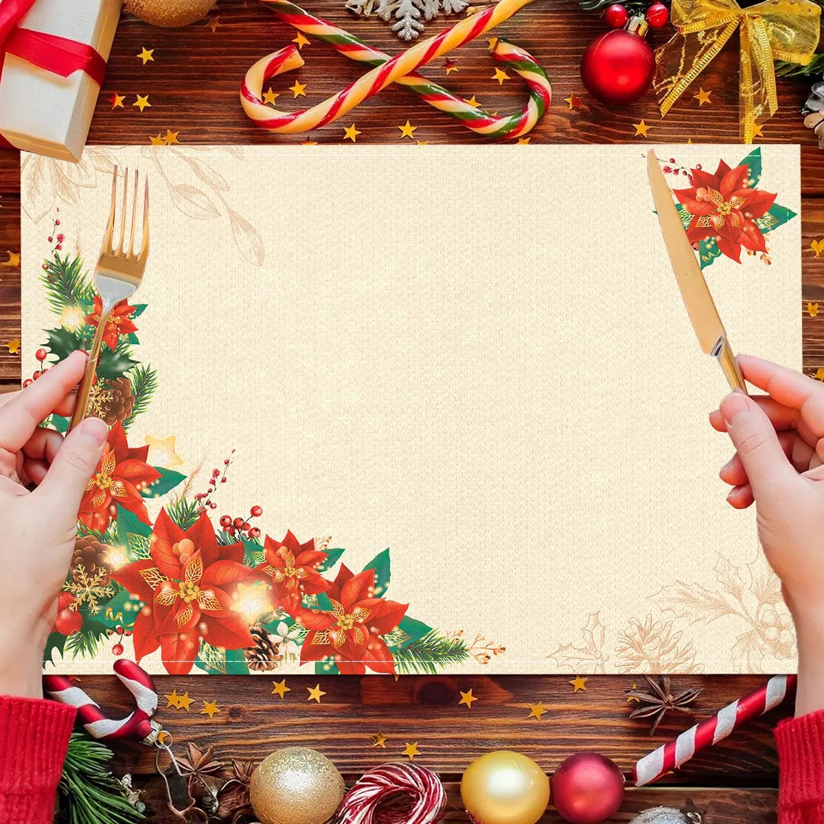 Linen Christmas Placemats – Santa & Festive Print Table Mats (1 or 4 Pack)