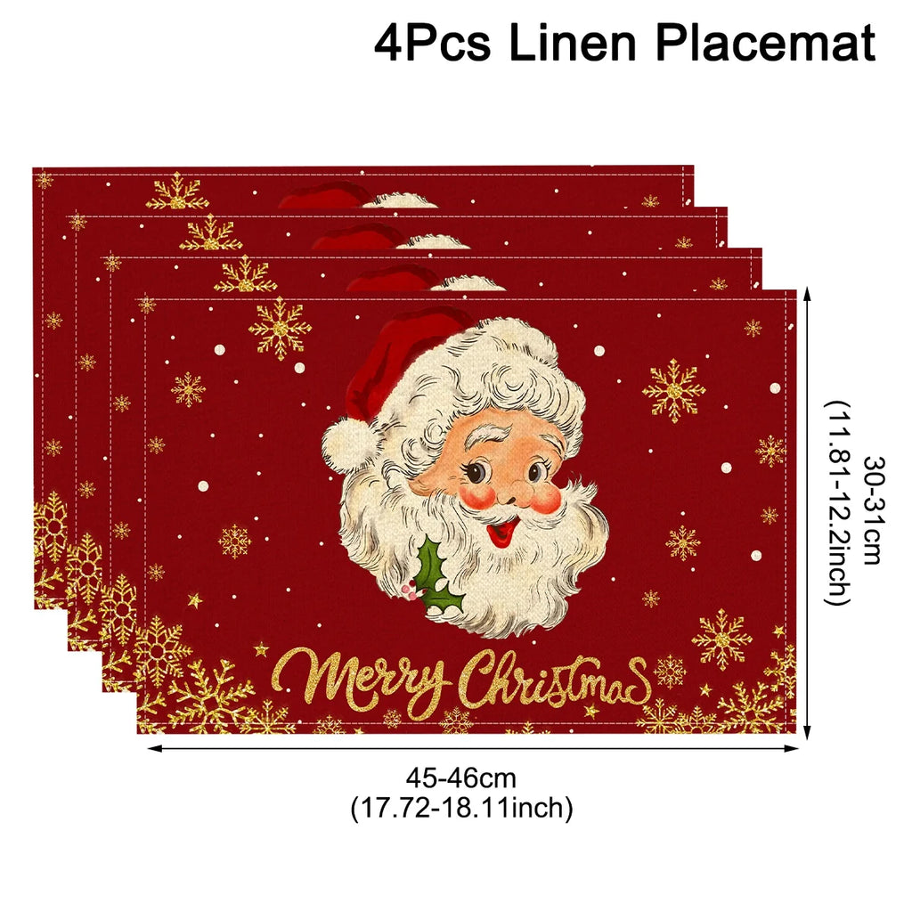 Linen Christmas Placemats – Santa & Festive Print Table Mats (1 or 4 Pack)