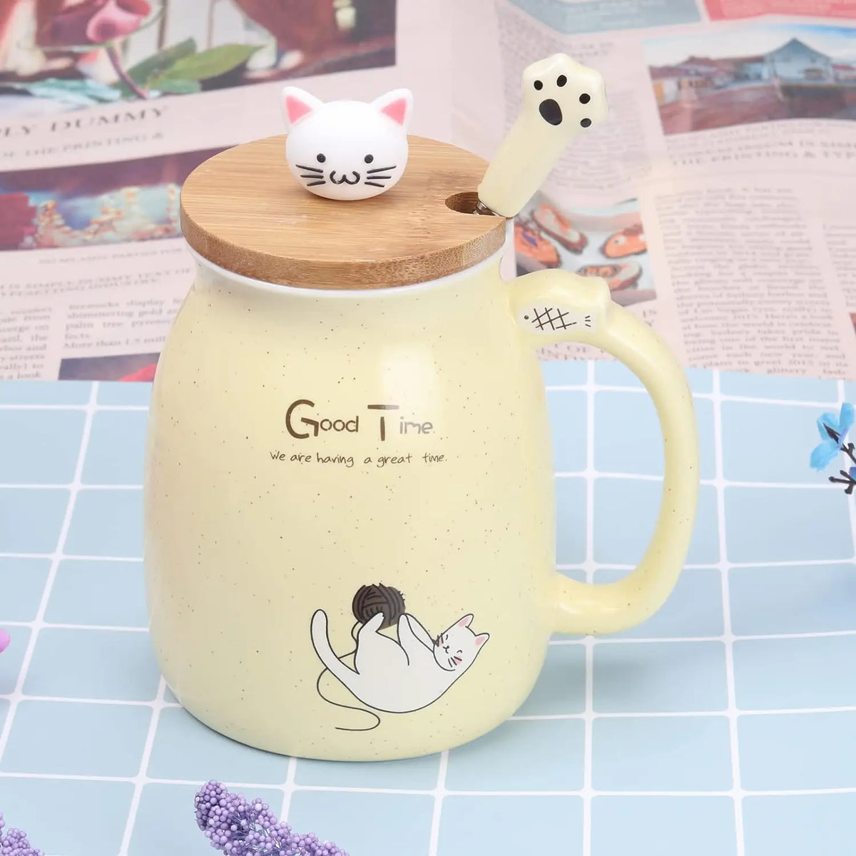 Cute Cat Mug with Lid & Spoon – Ceramic, 16oz