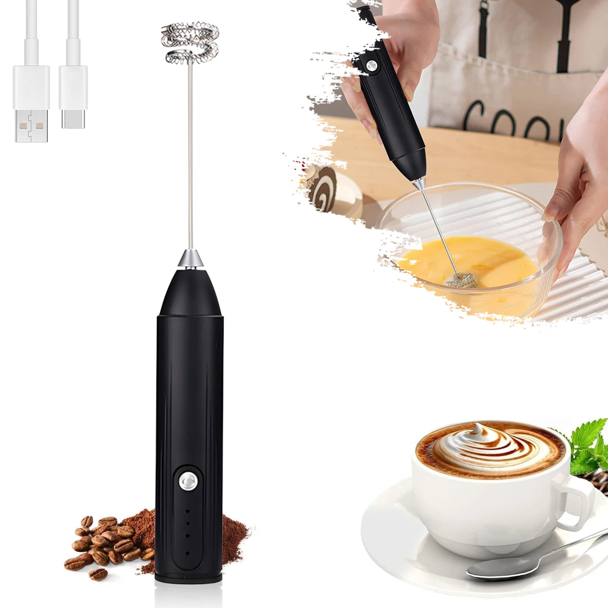 Rechargeable Milk Frother – 3-Speed Handheld Whisk