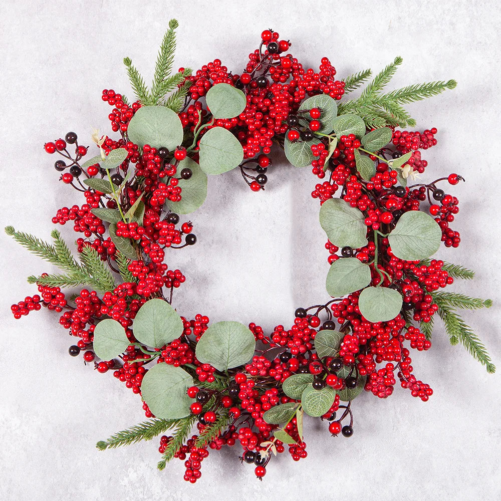 Handmade Christmas Wreath for Front Door – Red Berry, Cypress & Eucalyptus 45 cm