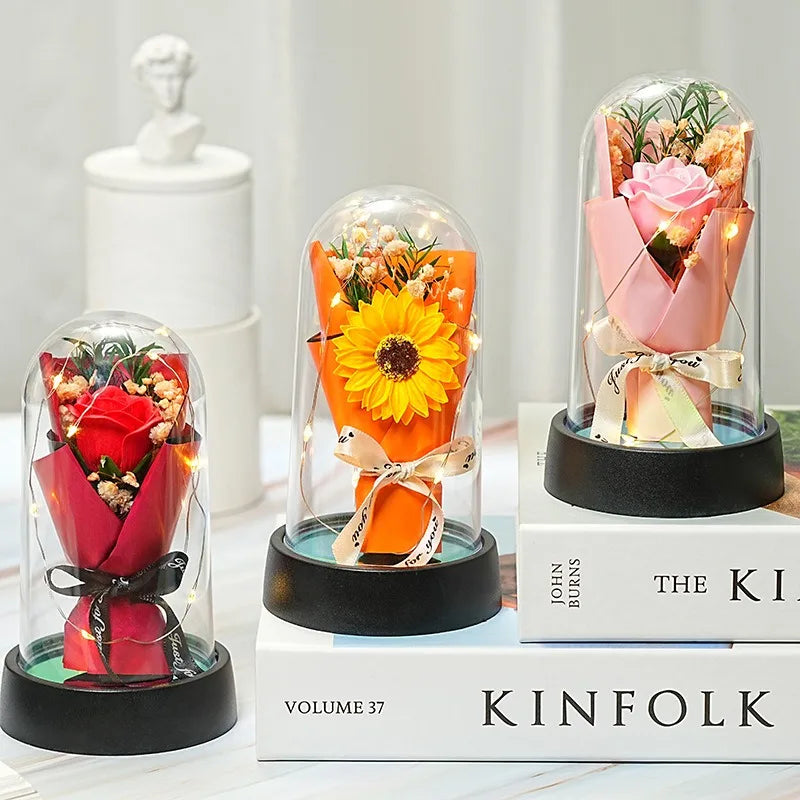 Forever Rose Bouquet in Glass Dome with LED Lights – Romantic Light-Up Keepsake Gift