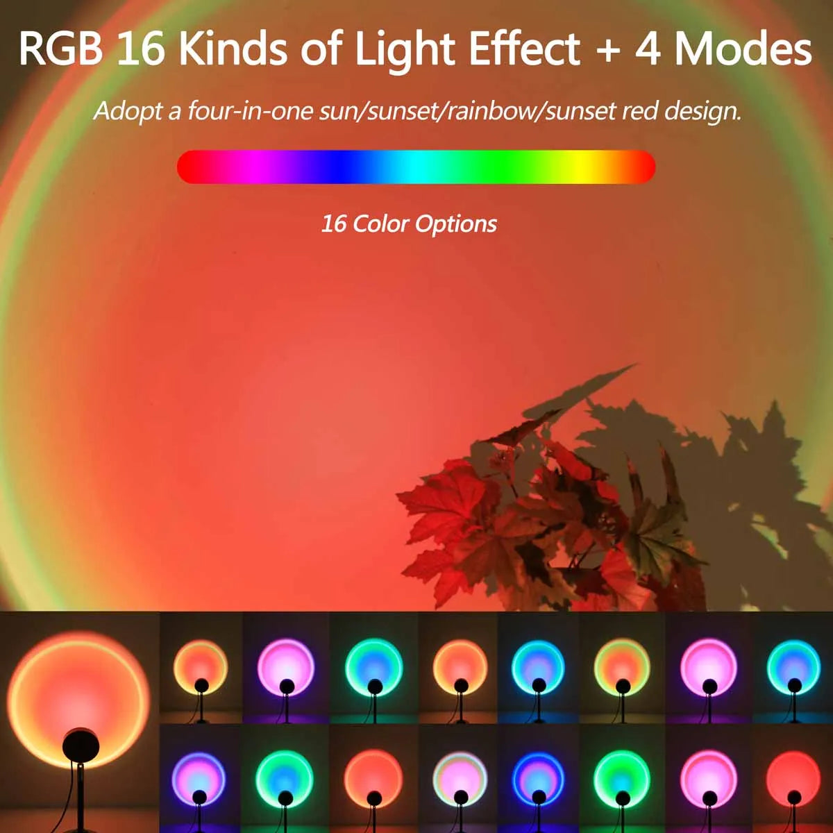 Sunset Lamp Projector with Remote – 16 Colour LED Mood Light for Bedroom, Parties & Photos