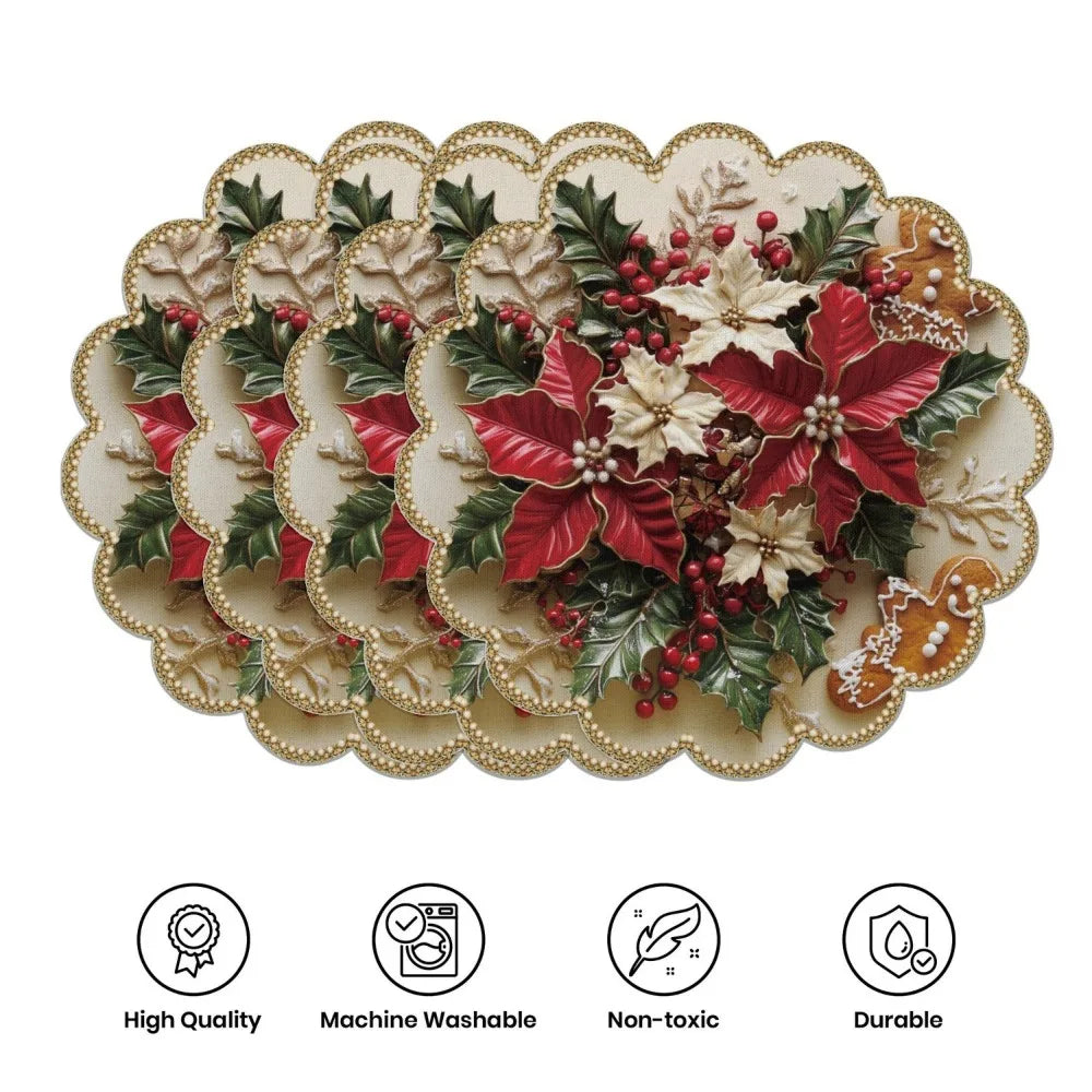 Christmas Placemats Set of 4 – Non-Slip, Heat-Resistant Round Table Mats