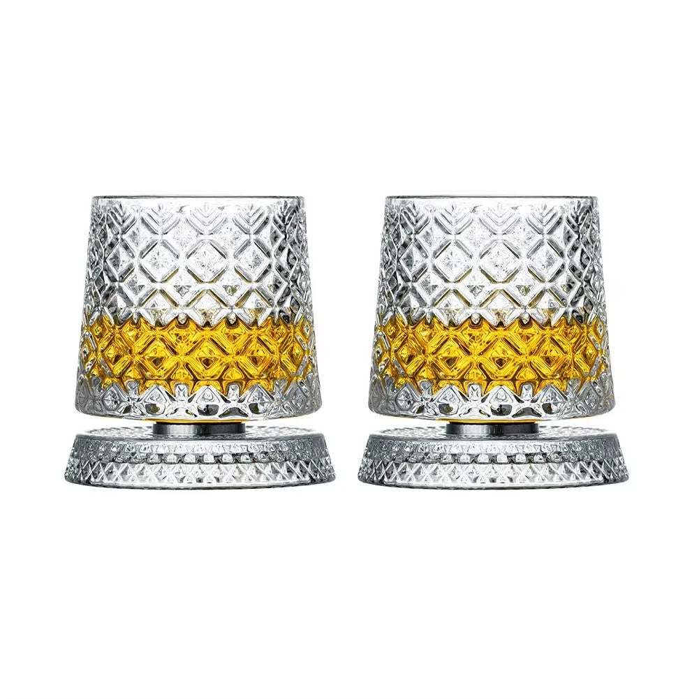 Spinning Whiskey Glasses Set of 2 – Rotating Whisky Tumblers with Glass Base, Gift for Him