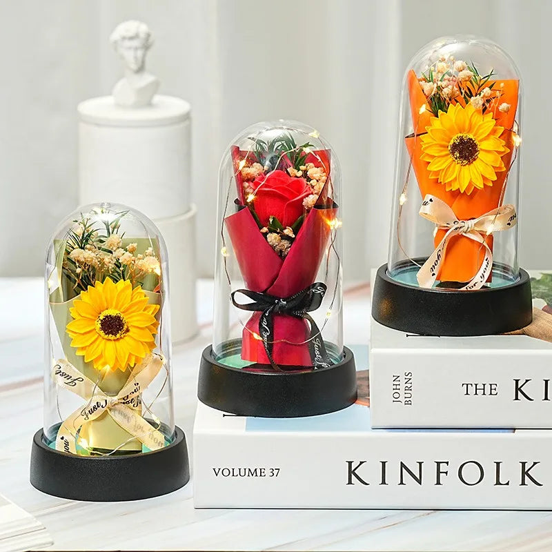 Forever Rose Bouquet in Glass Dome with LED Lights – Romantic Light-Up Keepsake Gift