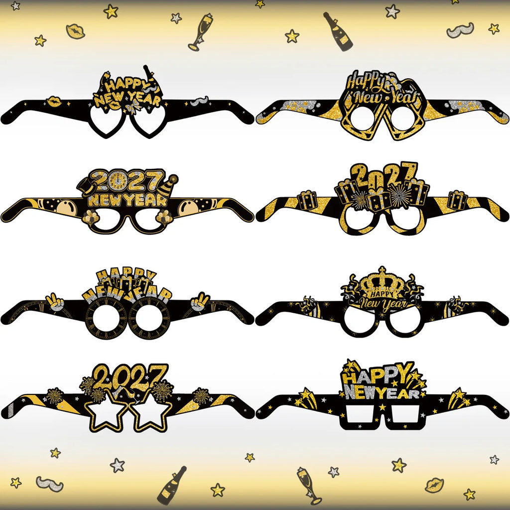 2027 Happy New Year Party Glasses – Black & Gold NYE Photo Prop Glasses