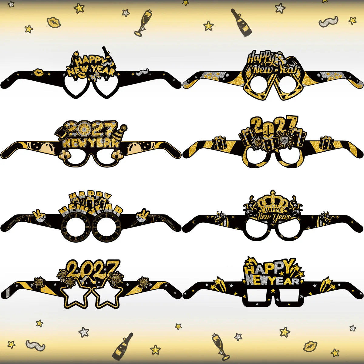 2027 Happy New Year Party Glasses – Black & Gold NYE Photo Prop Glasses