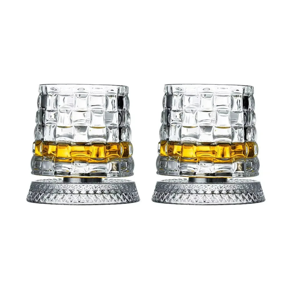 Spinning Whiskey Glasses Set of 2 – Rotating Whisky Tumblers with Glass Base, Gift for Him