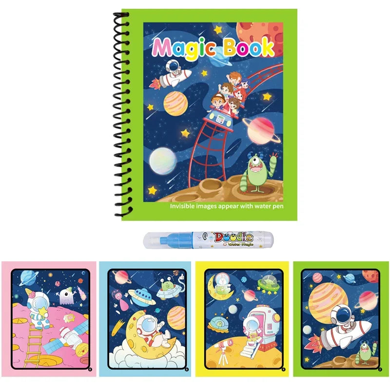 Magic Water Colouring Book with Pen – Reusable Mess-Free Kids Painting Book