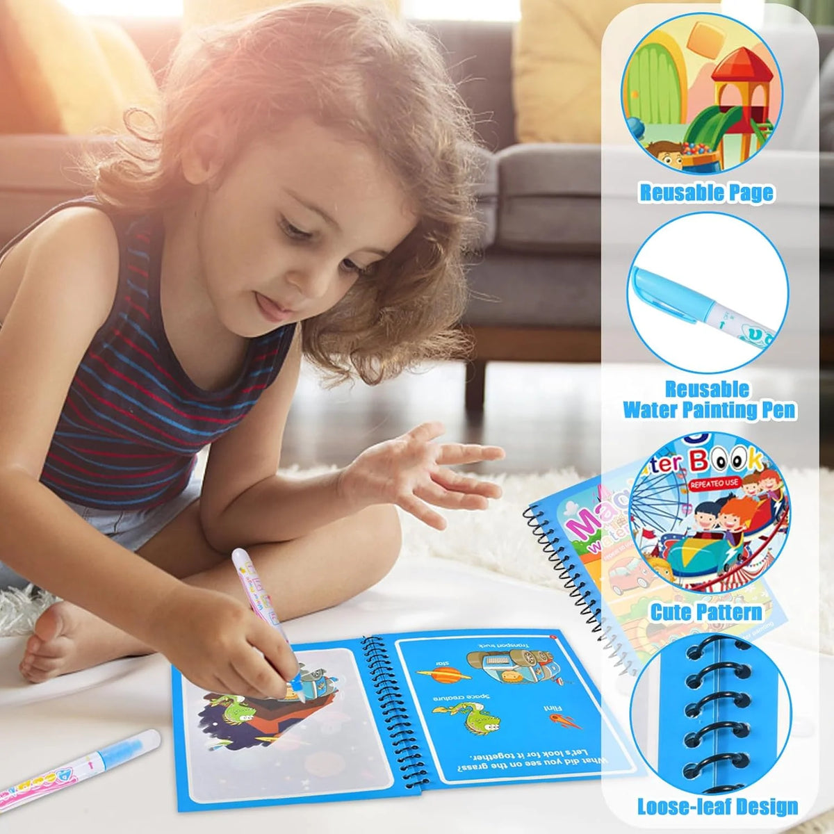 Magic Water Colouring Book with Pen – Reusable Mess-Free Kids Painting Book