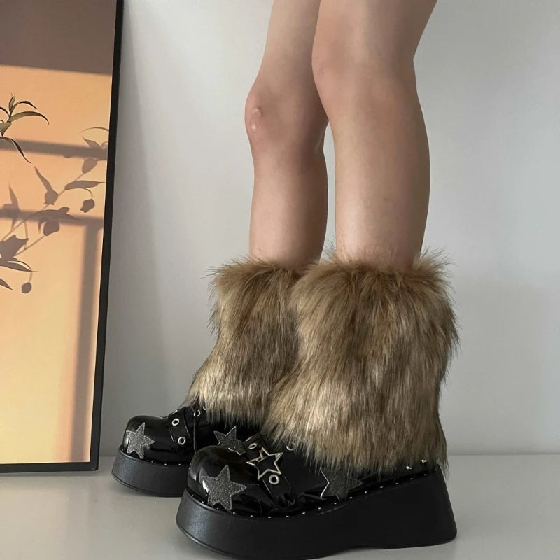 Fluffy boot covers worn with boots
