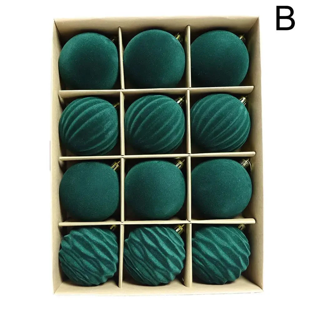 Velvet Christmas Baubles – Set of 12 Flocked 6cm Tree Decorations in Red or Green