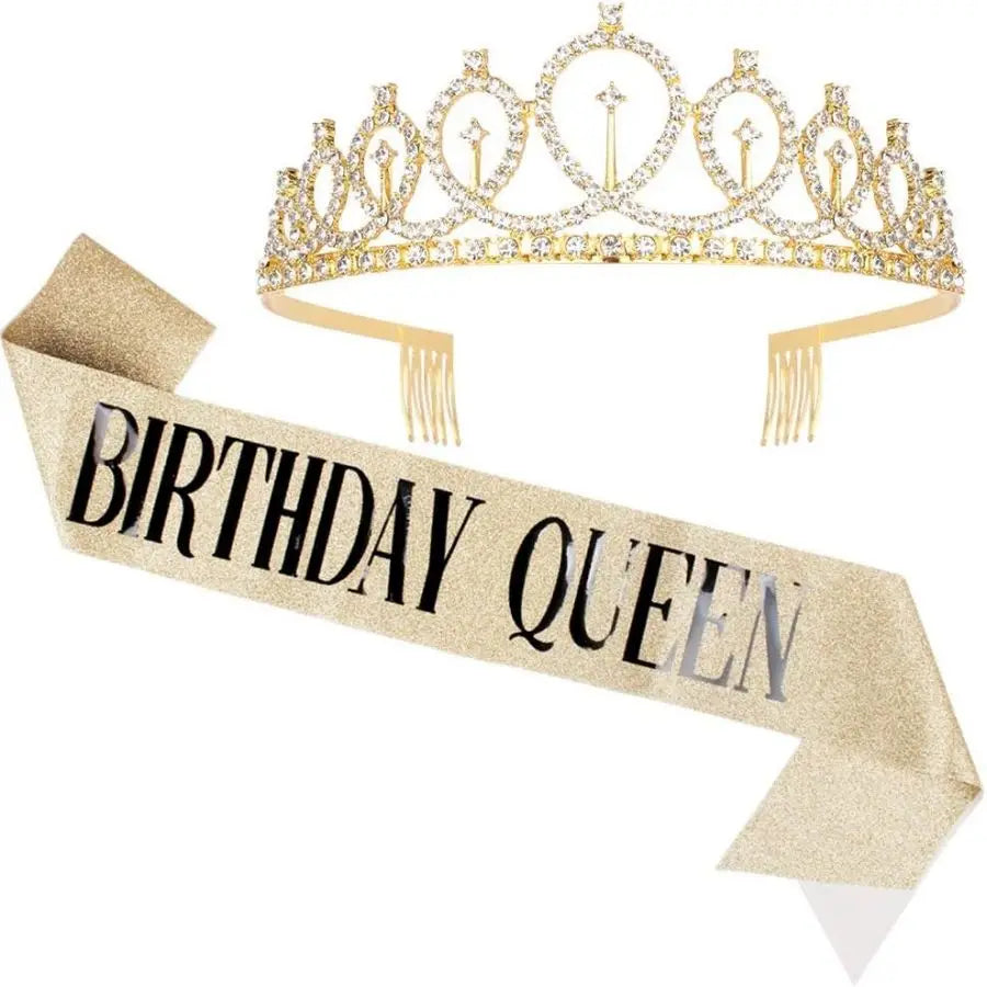 Birthday Queen Sash & Crystal Tiara Set – Birthday Girl Party Accessories for Any Age