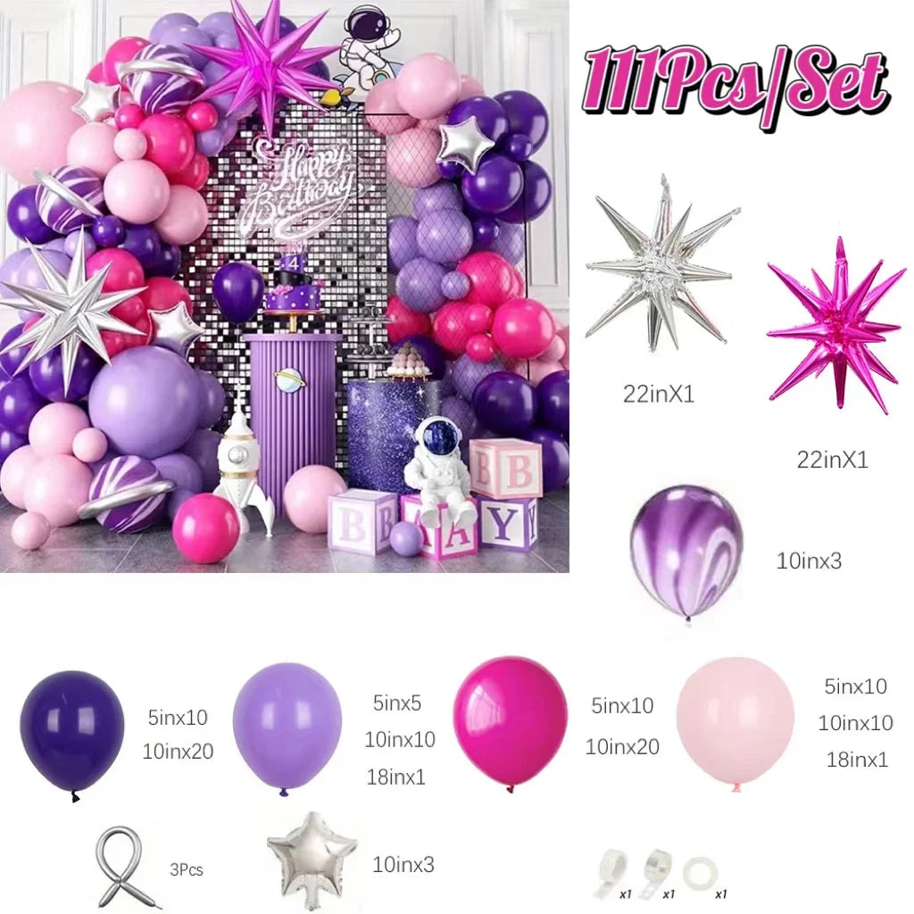 Hot Pink & Purple Balloon Garland Kit – 111 Pieces with Starburst Foils